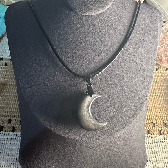 Silver Sheen Obsidian Crescent Moon Pendant Necklace - Picture 6 of 10